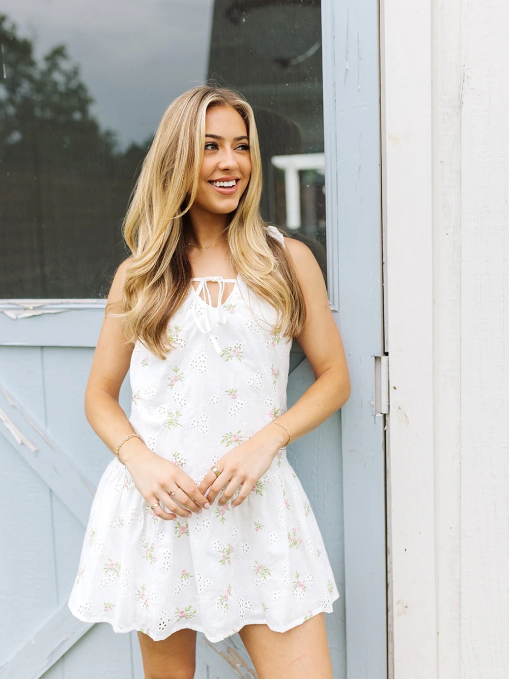 Olivaceous White Embroidered Floral Eyelet Mini Dress M